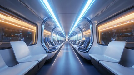 Poster - Inside a modern electric transport vehicle, sleek seating and glowing LED lights create a ambient space for passengers. This advanced design emphasizes comfort and efficiency in transit.