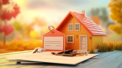 Poster - 3D illustration, Purchase and sale of homes, A house sign is included with documents and property keys when buying or selling
