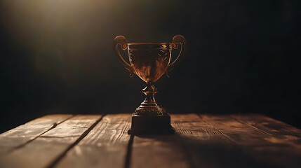 Poster - A wooden table with a dark background and a champion golden trophy ready for your design-win concept