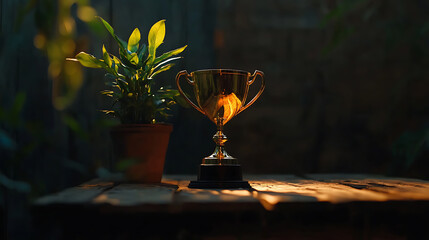 Poster - A wooden table with a dark background and a champion golden trophy ready for your design-win concept