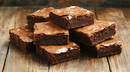 Aufkleber - A stack of chocolate brownies on wooden background, homemade bakery and dessert