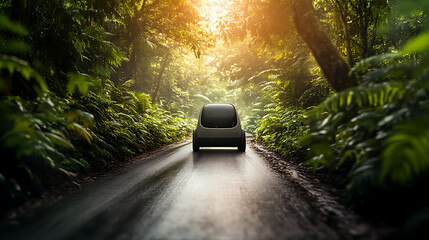 Poster - An eco-friendly electric vehicle (EV) is smoothly navigating a scenic route surrounded by the verdant foliage of a tranquil forest, emphasizing sustainable transportation in nature