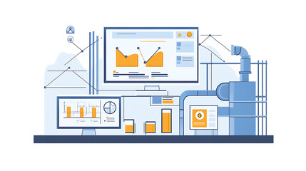 Aufkleber - An illustration of business process automation concept, showcasing graphs for distribution analysis and consumption monitoring in a high-tech digital environment