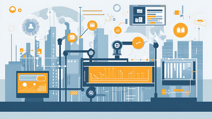 Poster - An illustration of business process automation concept, showcasing graphs for distribution analysis and consumption monitoring in a high-tech digital environment