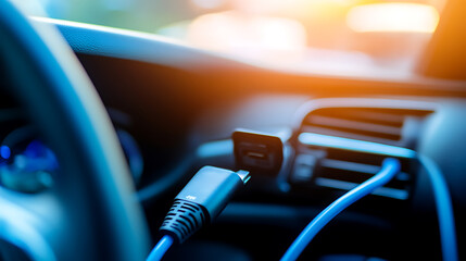 Poster - A USB adapter converter plug with a charging cable inside a car