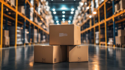 Poster - Blur warehouse background, Blurred store factory, industry warehouse space and hardware box for delivery with bokeh light background, business logistic distribution storage cargo concept