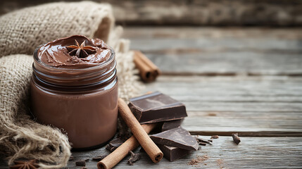 Aufkleber - Chocolate skin care, Cosmetic jar with cocoa, lotion and serum, cinnamon sticks, chocolate, anise on rustic wooden background