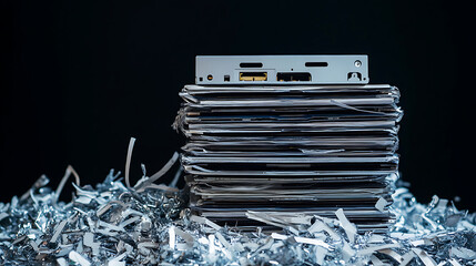 Poster - A hard drive placed atop a stack of shredded hard drives