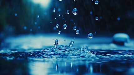 Leinwandbilder - Close-up blue water drops, detail of blue surface water-repellent on glass for background, raindrop waterdrops with selective focus