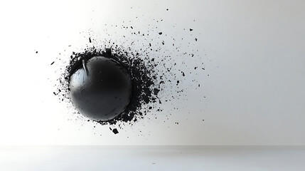 Poster - A three-dimensional rendering showing a black wrecking ball swinging and colliding into a wall against a white background, Symbolizing loss, destruction, and the process of demolition