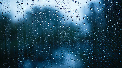 Poster - Close-up blue water drops, detail of blue surface water-repellent on glass for background, raindrop waterdrops with selective focus