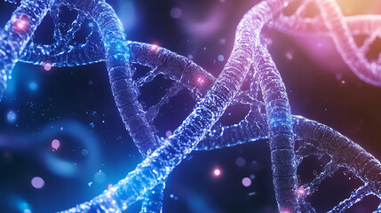 Fototapete - DNA double helix intertwined with digital AI elements highlights the role of AI in genetic research and personalized medicine