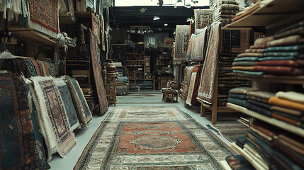 Poster - An assortment of stunning oriental rugs in a traditional Middle Eastern store