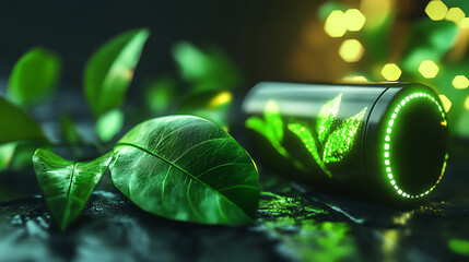 Aufkleber - Eco-friendly energy concept in the futuristic glowing style with green leaves and a charging battery