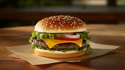 Poster - Delicious cheeseburger stacked high with a juicy beef patty, cheese, fresh lettuce, onion and tomato on a fresh bun with sesame seed standing on brown paper on a wooden tabletop with copyspace