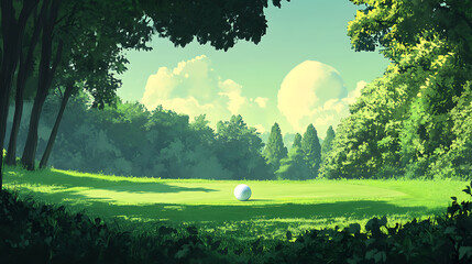Poster - Illustration depicting a golf ball on a lush green meadow