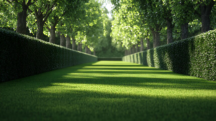 Poster - Long tree hedge and green grass lawn