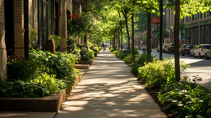 Aufkleber - Sidewalk lined with thriving plants and trees in a sustainable urban setting, promoting eco-friendly living and pedestrian health through a well-designed walkway