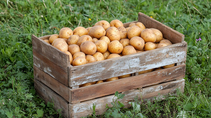 Poster - Fresh potatoes in a wooden box in a field, Potato harvest, Agriculture