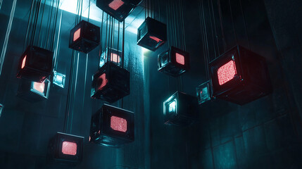 Poster - Numerous dark cubes, some glowing red inside, hang from unseen strings against a dark teal background. They suggest a digital network or data stream in a futuristic setting