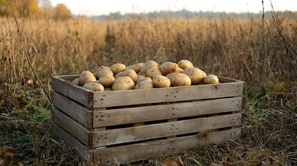 Poster - Fresh potatoes in a wooden box in a field, Potato harvest, Agriculture