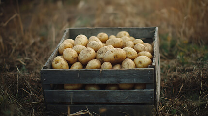Poster - Fresh potatoes in a wooden box in a field, Potato harvest, Agriculture