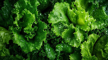 Poster - Overhead view of green lettuce leaves background with water drops, close up, fresh vegetable backdrop