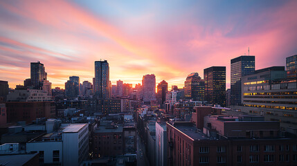 Poster - A cityscape with buildings and sunset in the background