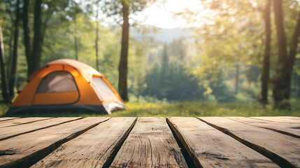 Leinwandbilder - Wooden table top on blur tent camping travel tent and grass field, Fresh and Relax concept, For montage product display or design key visual layout