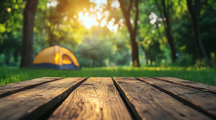 Leinwandbilder - Wooden table top on blur tent camping travel tent and grass field, Fresh and Relax concept, For montage product display or design key visual layout