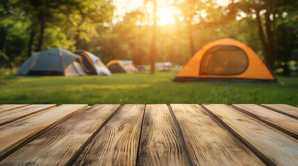 Aufkleber - Wooden table top on blur tent camping travel tent and grass field, Fresh and Relax concept, For montage product display or design key visual layout