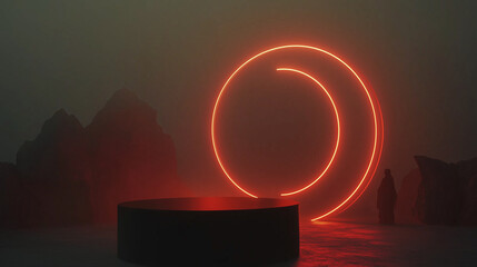 Poster - Neon light circle graphic resource design in a foggy landscape with dark rocks and a silhouette