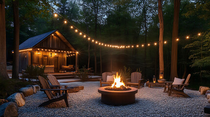 Poster - Rustic outdoor living space with fire pit Comfortable chairs And string lights for cozy evenings