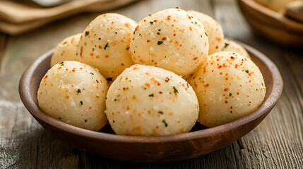 Aufkleber - Small balls of freshly baked homemade cottage cheese doughnuts in a plate on a wooden background, Rustic style, selective focus and soft blurred edge