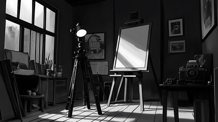 Poster - Cartoon, 2D, black and white, with a black background and painter and camera tools