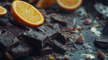 Poster - Chocolate and orange, chocolate with citrus, dark chocolate and fresh fruit, dessert concept
