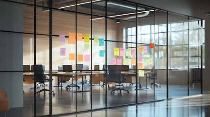 Poster - Large glass walled office with sticky notes on it