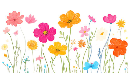 Aufkleber - Flowers SPRING IS HERE hand drawing with colorful flowers on a white background