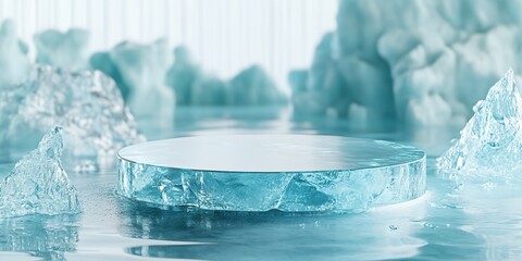 Wall Mural - a large, round ice sculpture sits on a body of water. the ice is surrounded by a rocky shoreline, an