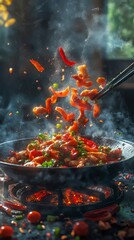 Wall Mural - dramatic with cooking. chinese food. ultra realistic. photorealistic hypermaximalist advertising pho