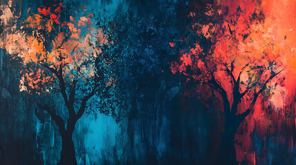 Poster - Trees with a blue, red and orange color abstract art