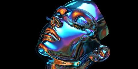 Poster - A woman's face is shown in a metallic, reflective surface. The face is illuminated with a blue hue, giving it a futuristic and otherworldly appearance