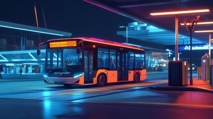 Aufkleber - An electric bus is parked at a futuristic transport station, surrounded by colorful neon lights. The scene captures a serene nighttime atmosphere, showcasing advancements in public transportation.