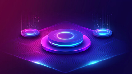 Poster - Three glowing neon platforms with digital data streams on a dark background. Futuristic, scifi, vibrant, and abstract digital art. Pink and blue neon lights.