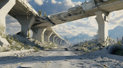 Poster - A 3D illustration concept depicting the ruins of a city highway, portraying an apocalyptic landscape