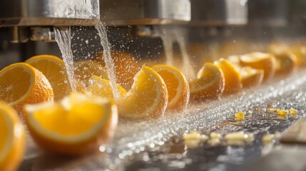 Aufkleber - Bright, ripe oranges are sliced in half and fed into a juicing machine. Water flows alongside the fruit as juice is extracted efficiently.