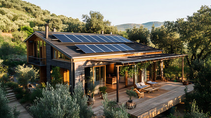Poster - A sustainable off-grid living house, isolated in a serene remote location, surrounded by nature, with solar panels and eco-friendly design