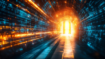 Poster - An abstract door in a tunnel with digital data center light signals, symbolizing future computer technology and the concept of a cyber gate in cyberspace or the metaverse