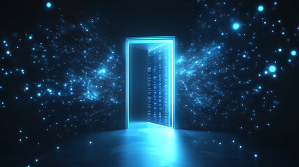 Poster - An abstract door in a tunnel with digital data center light signals, symbolizing future computer technology and the concept of a cyber gate in cyberspace or the metaverse