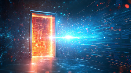 Aufkleber - An abstract door in a tunnel with digital data center light signals, symbolizing future computer technology and the concept of a cyber gate in cyberspace or the metaverse